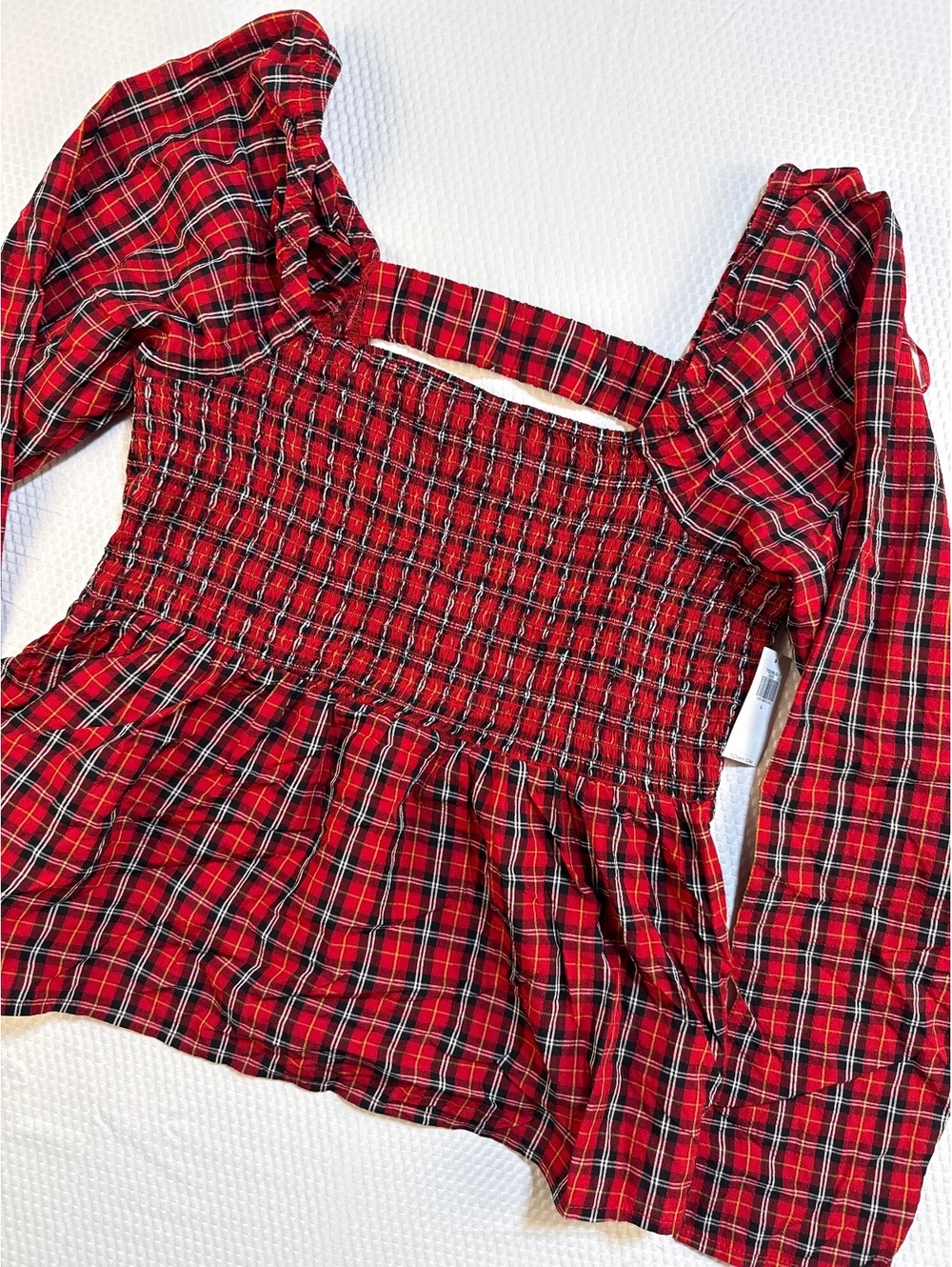Old Navy Women L Red Tartan Plaid Smocked Blouse Cottagecore Christmas Holiday